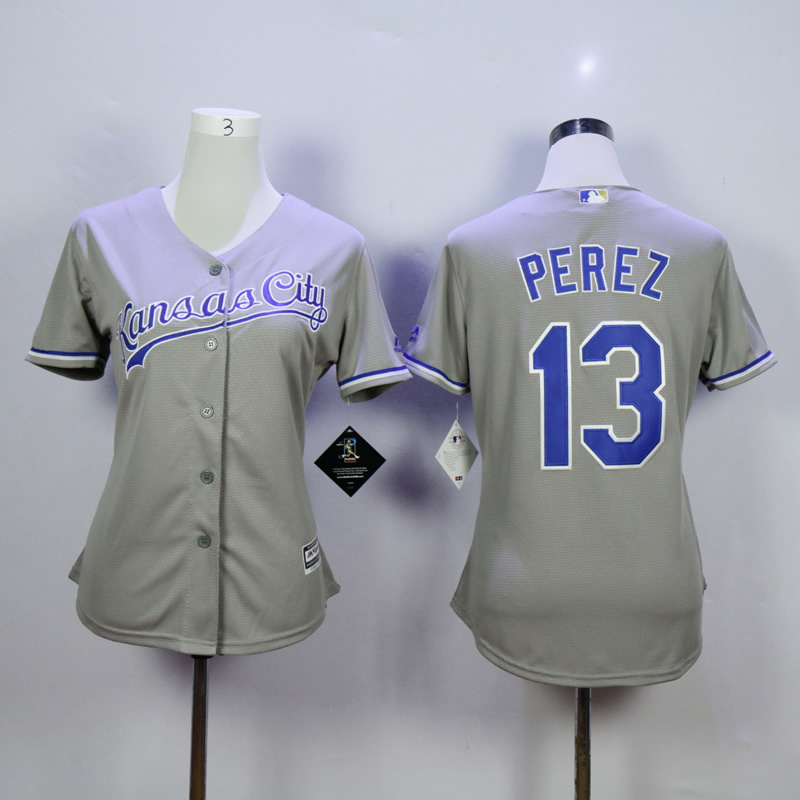 Women Kansas City Royals #13 Perez Grey MLB Jerseys->women mlb jersey->Women Jersey